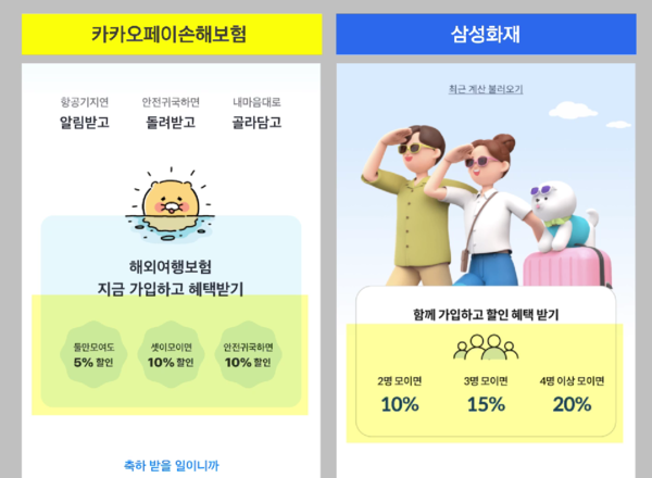 카카오페이손해보험은 최근 삼성화재가 여행자보험 모바일 가입과정 개편을 하면서, 카카오의 디자인과 가입과정 전반에서 표절을 했다고 주장하고 나섰다. 카카오페이손보(왼쪽)와 삼성화재의 모바일 여행자보험 가입화면. [이미지=카카오페이손해보험]