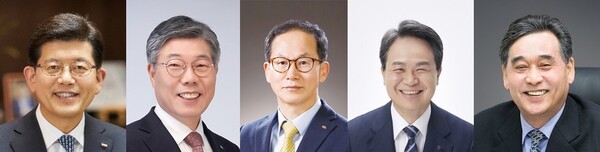 (왼쪽부터) 빈대인 BNK금융 회장, 황병우 DGB금융 회장, 양종희 KB금융 회장, 진옥동 신한금융 회장, 김기홍 JB금융지주 회장 [사진=각사 제공]