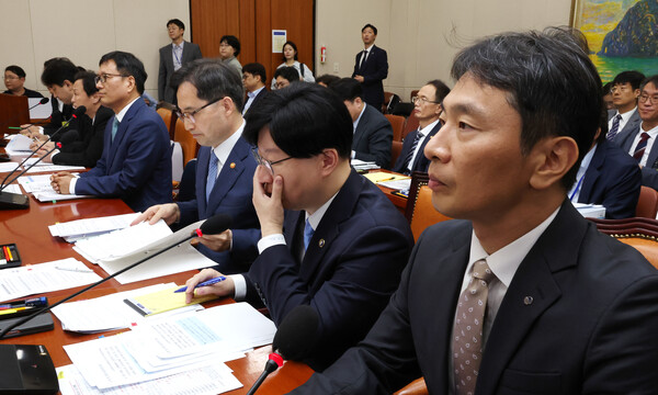 30일 오전 국회 정무위원회에서 열린 '티몬·위메프 정산 및 환불 지연 사태' 관련 긴급 현안질의에서 (왼쪽부터) 류화현 위메프 대표, 류광진 티몬 대표, 구영배 큐텐그룹 대표, 한기정 공정거래위원장, 김소영 금융위부위언장, 이복현 금융감독원장. [사진=연합뉴스]