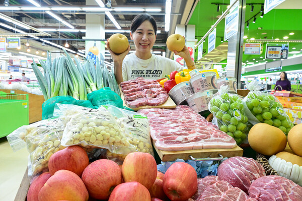 25일 서울 서초구 농협 하나로마트 양재점에서 모델이 '가을 세일 위크' 행사를 소개하고 있다. (사진=농협유통)