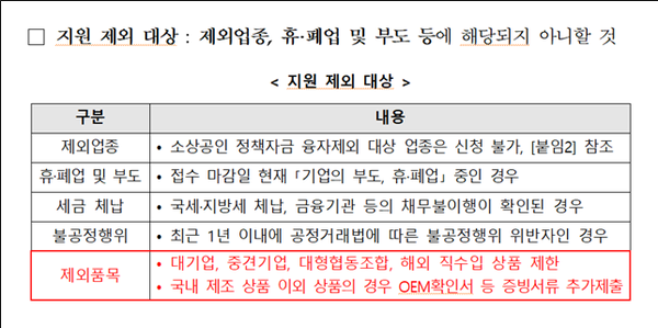 중소벤처기업부 '2024년 소상공인 온라인 판로 지원사업'의 온라인쇼핑몰 판매지원 추가공고 중 지원 제외 대상. 자료=장철민 의원실