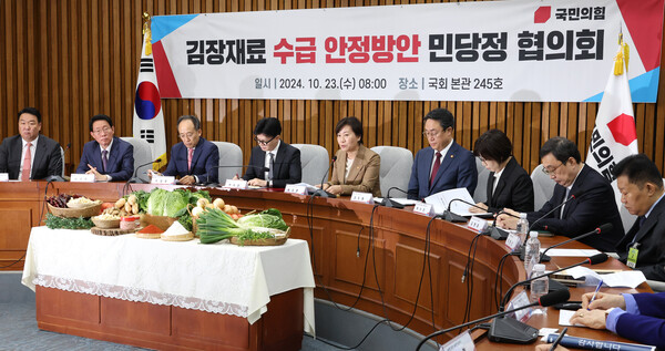 송미령 농림축산식품부 장관(왼쪽 다섯번째)이 23일 오전 국회에서 열린 '김장재료 수급 안정 방안 민당정 협의회'에서 발언하고 있다. 사진=연합뉴스