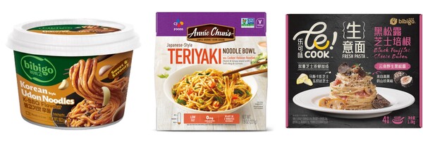 비비고 우동누들, 애니천 아시안누들, 러쿡 파스타 제품사진. (사진=CJ제일제당) 