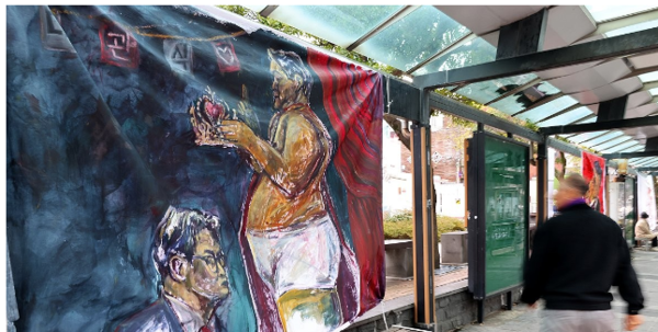  12·3 비상계엄 사태 발생 엿새째인 9일 오후 제주시청 앞 인도에 윤석열 대통령과 김건희 여사, 국민의힘 한동훈 대표 등을 풍자하는 도내 젊은 작가들의 그림이 내걸려 있다.  사진=연합뉴스.