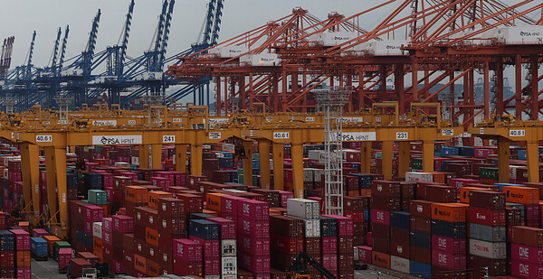 부산 강서구 부산항 신항 부두 야적장에 컨테이너가 가득 쌓여 있다. 사진=연합뉴스