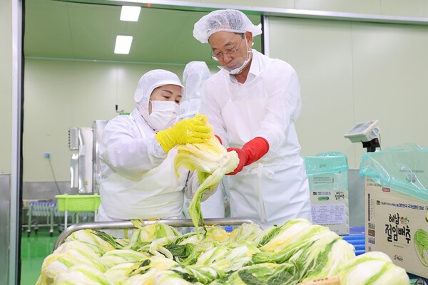 해남 절임배추의 지난해 매출이 역대 최고인 1,289억원을 기록했다. 사진은 명현관 군수가 절임배추 생산 현장을 점검하고 있는 장면. 사진=해남군