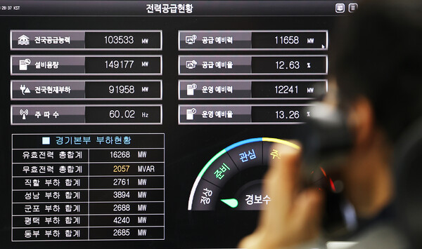 경기도 수원시 영통구 한국전력공사 경기본부 전력관리처 계통운영센터에서 관계자들이 전력수급상황을 살펴보고 있다. 사진=연합뉴스
