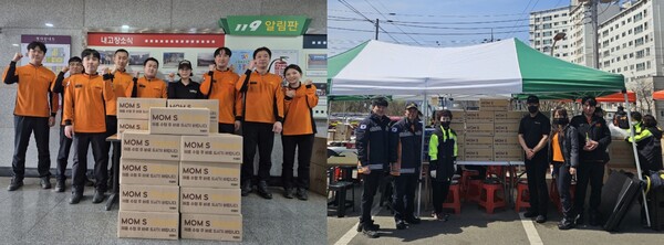 맘스터치는 산불 피해 현장에서 진화작업 중인 영덕소방서(왼쪽)와 의성소방서에 싸이버거세트 총 800인분을 전달했다. (사진=맘스터치앤컴퍼니)