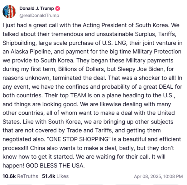 도널드 트럼프 미국 대통령이 SNS에 작성한 한 대행과의 통화 후기. 사진=트루스소셜 @realDonaldTrump