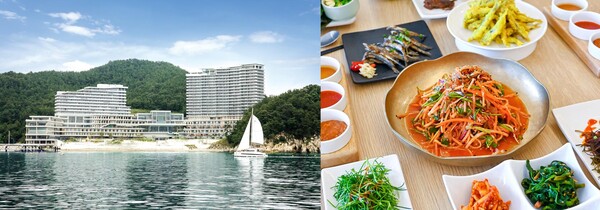 거제 벨버디어 전경(왼쪽)과 거제 외포 멸치 쌈밥 한상 (사진=한화호텔앤드리조트)