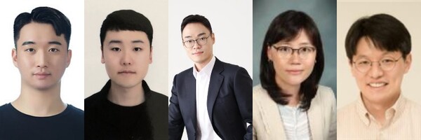 (왼쪽부터)성균관대 박재민 박사, 한국과학기술연구원 이진형 석사, 성균관대 조새벽 교수, 한국과학기술연구원 손해정 박사, 및 성균관대 양우석 교수. 제공=성균관대