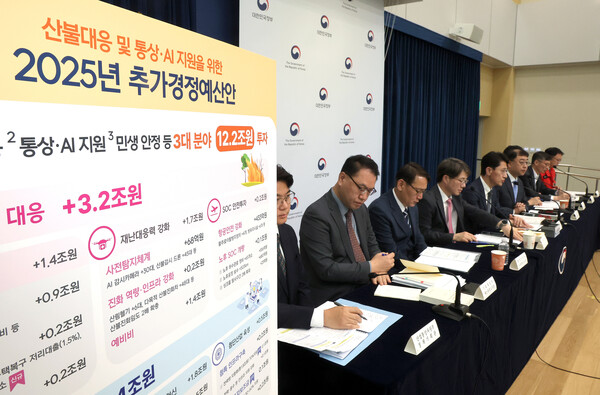 김윤상 기획재정부 2차관(왼쪽 다섯 번째)이 지난 17일 정부세종청사 민원동 공용 브리핑실에서 2025년 추가경정예산안 상세 브리핑을 하고 있다. 사진=연합뉴스