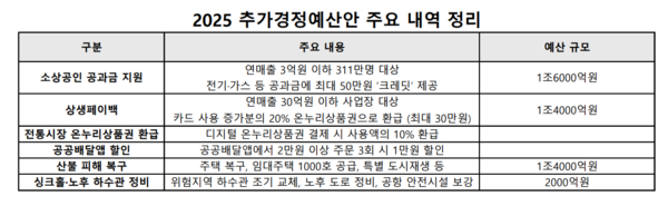 2025 추가경정예산안 주요 내역. 자료=기획재정부 등