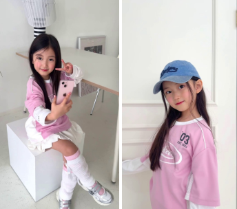 MLB키즈 쌈디 조카 ‘정채온’ ‘에이스 러너 라이트’(왼쪽) ‘빈티지 워싱 챙배색 볼캡’ 착용컷 (이하 사진=MLB키즈)