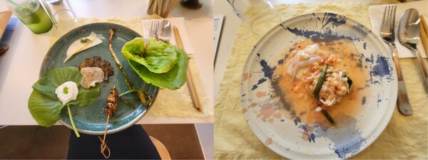 (왼쪽부터) 뉴파머스 플레이트와 로메인 보리김치와 한치 세비체. (사진=구변경 기자)