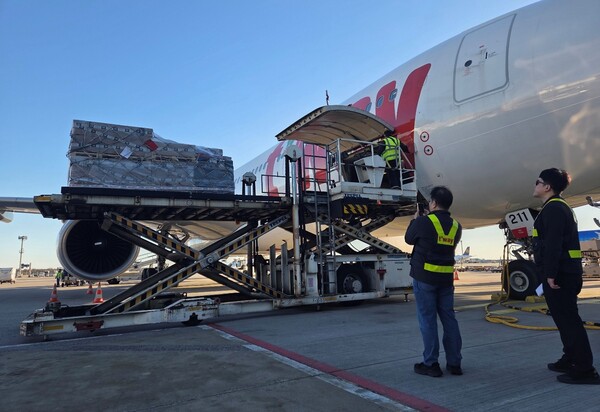 티웨이항공 및 관계자들이 실제 탑재 작업 이행 등 화물 운송 품질 점검을 진행하고 있다. 사진=티웨이항공 제공.