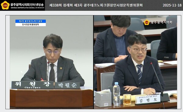 지난 18일 열린 제338회 정례회 광주TP원장 인사청문회 장면. 광주시의회 제공.