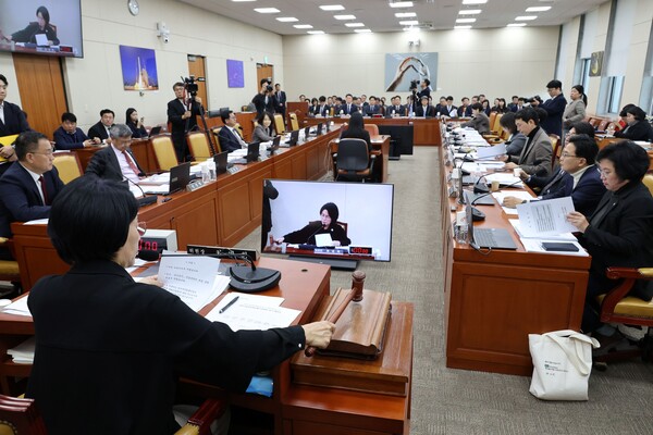 24일 서울 여의도 국회에서 열린 과학기술정보방송통신위원회 전체회의에서 더불어민주당 소속 최민희 위원장이 법안을 의결하며 의사봉을 두드리고 있다. 연합뉴스.