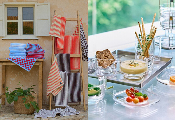 앳센셜 체크스트라이프 선염타월(왼쪽)과 아르노글래스 4인 세트 (사진=CJ온스타일)