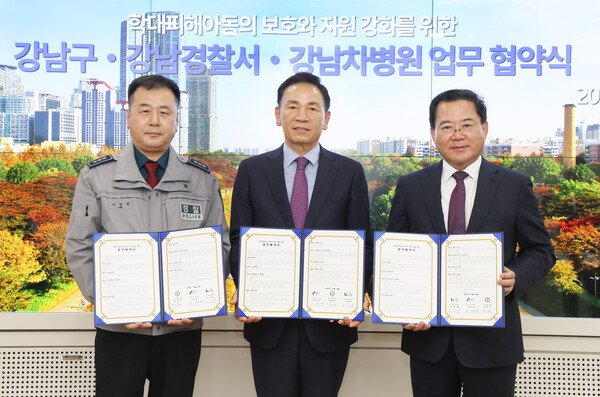 (왼쪽부터) 이상원 강남경찰서 여성청소년과장, 조성명 강남구청장, 노동영 강남차병원장. 제공=강남구청